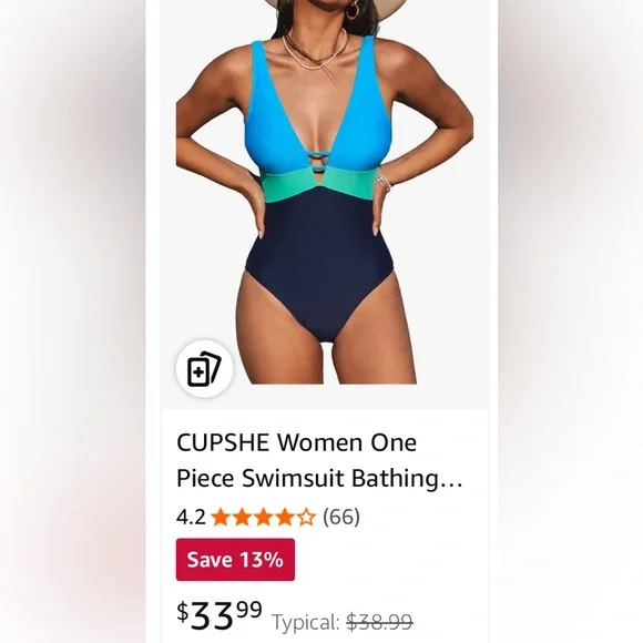 NEW-Swimsuit Bathing Suit Cutout V Neck Adjustable Straps Color Block of Blues - Picture 4 of 5